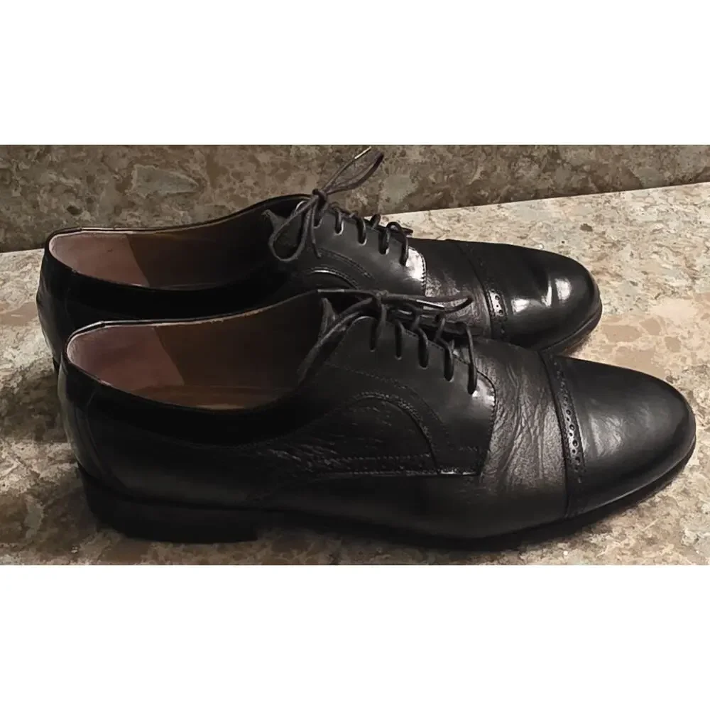 Stamati Mastroianni Men’s Black Leather Cap Toe Oxford Bespoke Shoes Size 10.5 W